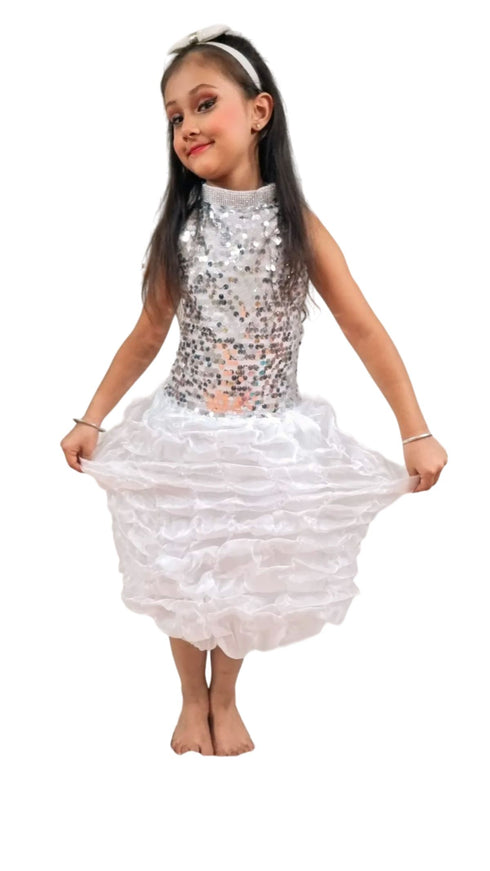 BookMyCostume White Balloon Frock Western Dance Costume Dress for Girls Kids - Premium